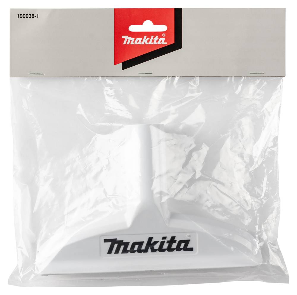 Makita-Staubsack aus weißem Kunststoff in durchsichtiger Verpackung mit Kartonverschluss.