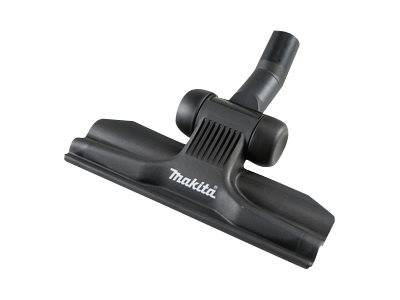 Schwarze Makita-Staubsaugerbodendüse mit gewinkelt ausgerichteter Verbindung und breiter Bürstenkopf auf weißem Hintergrund.