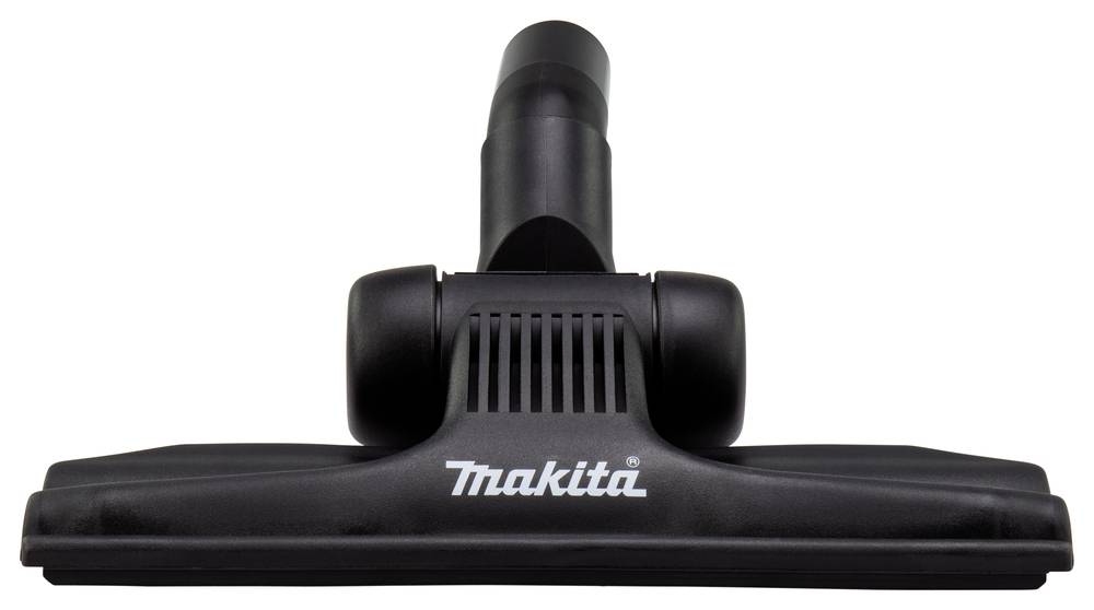 Schwarze Makita-Staubsaugerbodendüse von vorne gezeigt, mit breitem Saugkopf und zentralem Schlauchanschluss auf weißem Hintergrund
