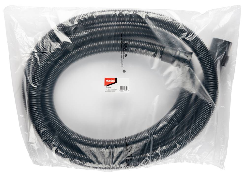 Aufgerollter schwarzer Wellschlauch in einer durchsichtigen Plastiktüte verpackt mit einem kleinen rot-weißen Etikett.