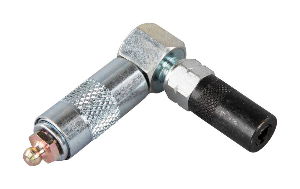Metall-Schmierfittin-Adapter mit 90-Grad-Winkel und schwarzer Schutzkappe, auf weißem Hintergrund dargestellt.