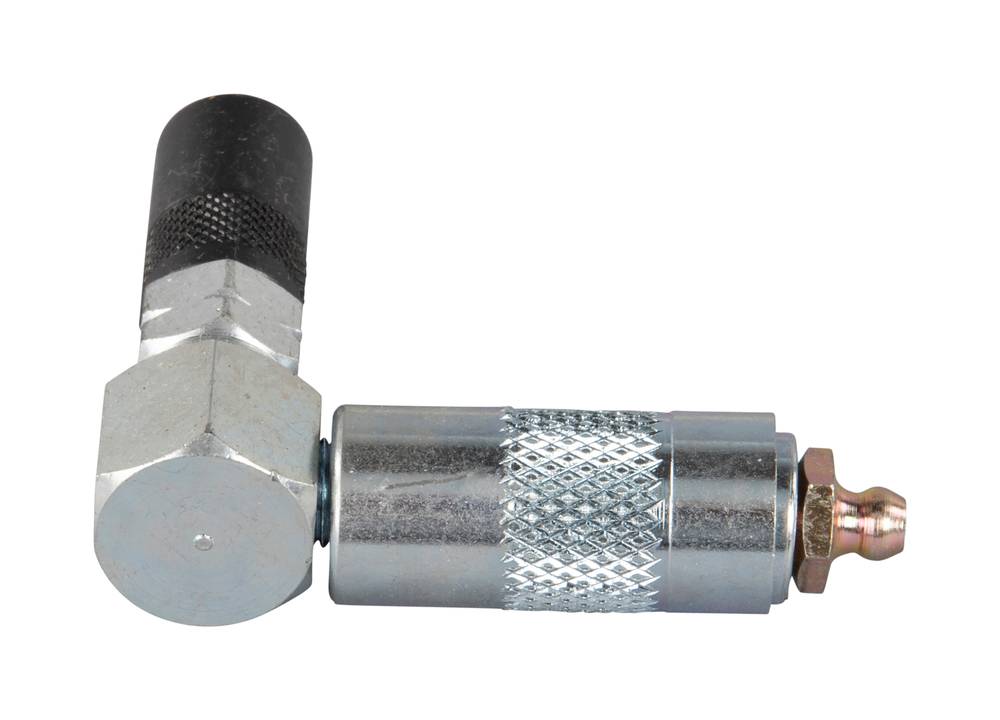 Metallischer pneumatischer Steckverbinder mit schwarzer Kappe, Winkelform und strukturiertem silberfarbenem Zylinderkörper auf weißem Hintergrund