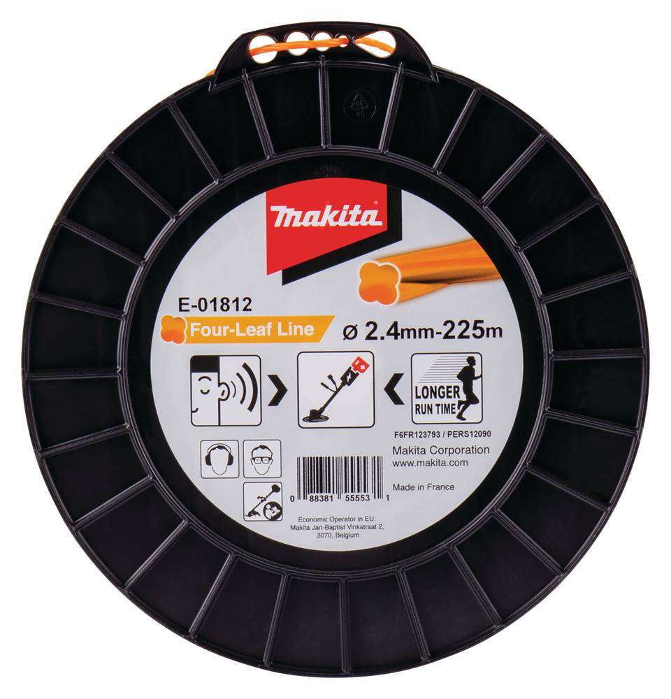 Makita Freischneider-Spule mit Bezeichnung E-01812, Four-Leaf Schnur, Ø 2,4mm-225m, mit Piktogrammen zur Verwendung und längerer Laufzeit.