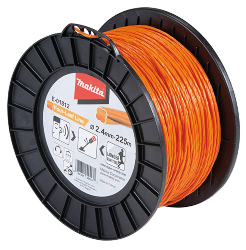 Spule mit orangefarbenem Makita Fadenschneider-Schneidkopf, mit der Bezeichnung 2,4 mm x 22,5 m, auf einer schwarzen Spule.