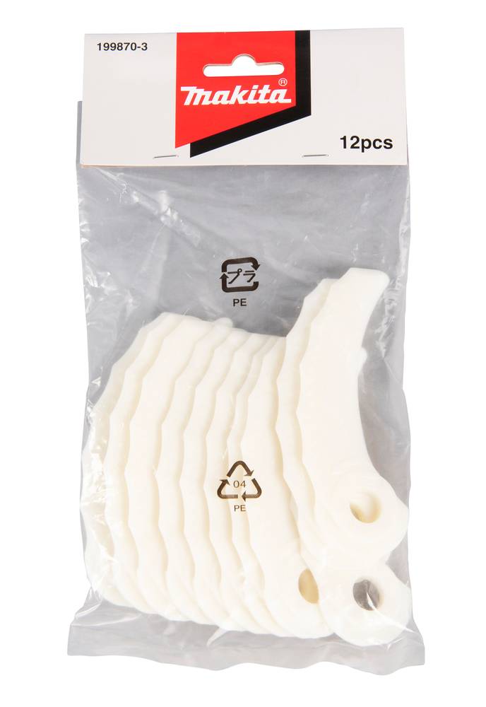 Makita-Packung mit 12 weißen Kunststoffteilen, gekennzeichnet mit '199870-3' und '12pcs', in einer durchsichtigen Tasche.