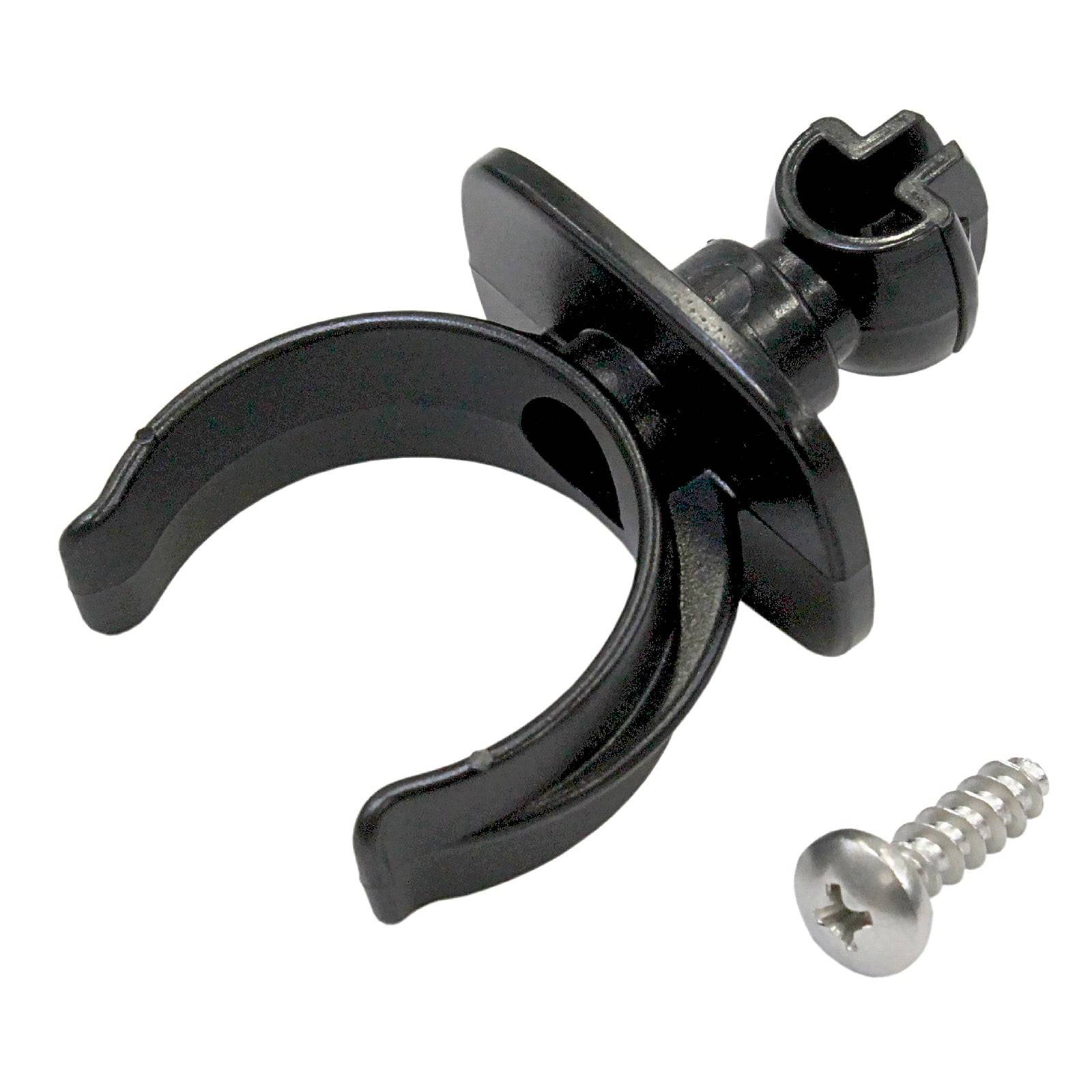 Schwarze Wandklemme mit Schraube zum Befestigen von Schläuchen oder Kabeln.