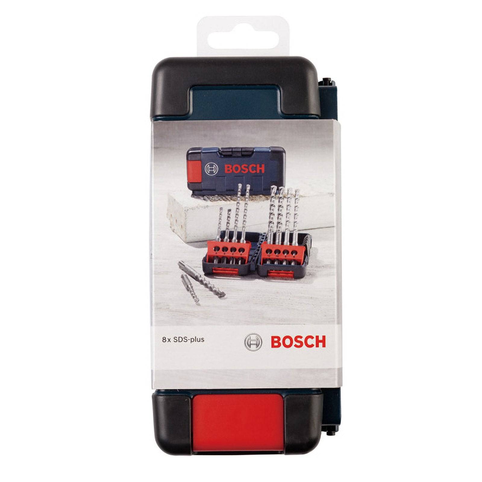 BOSCH 8x SDS-plus Set in einem Kunststoffkoffer, der Bohreinsätze zeigt, die in zwei roten Halterungen auf einer Betonoberfläche angeordnet sind.