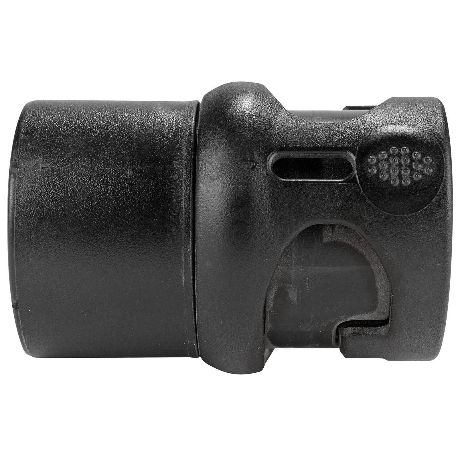 Ein schwarzer Kunststoff-Flaschenöffner mit ergonomischem Design, ausgestattet mit einer strukturierten Griffoberfläche am Hebel für einfache Handhabung.