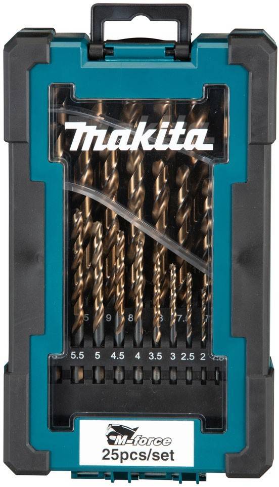Eine Schachtel mit Makita-Bohrern, deren Größen von 1,5 bis 5,5 durch eine transparente Vorderseite sichtbar sind, mit dem Markenschriftzug oben auf der Verpackung.