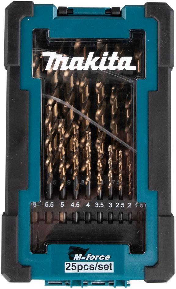 Ein Set von Makita-Bohrern in einem Etui, das verschiedene Größen in Reihen angeordnet zeigt.