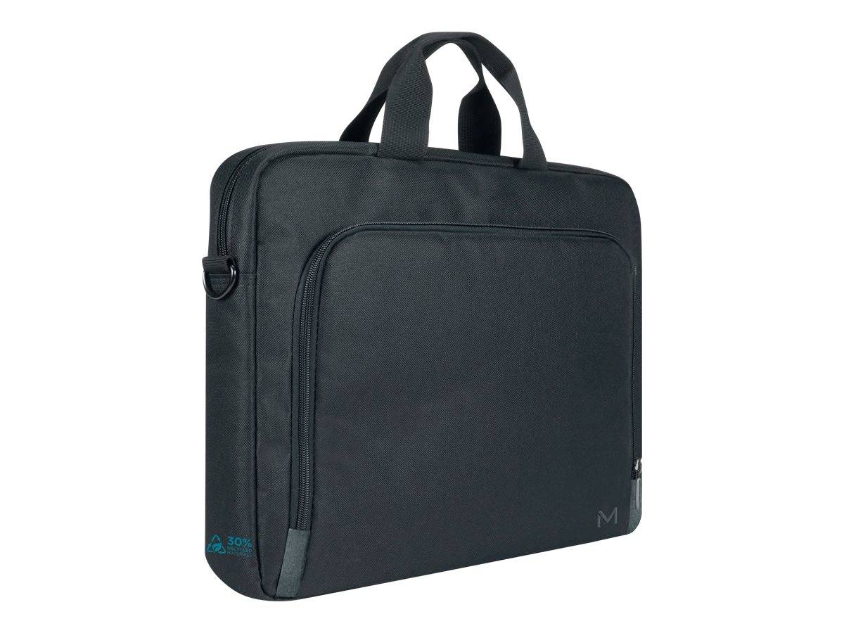 Schwarze rechteckige Laptop-Schutztasche mit doppelten Griffen, vorderer Reißverschlusstasche und seitlichem Reißverschluss auf weißem Hintergrund