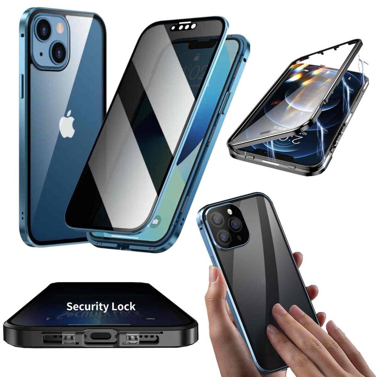 Für Apple iPhone 15 Beidseitiger 360 Grad Magnet / Glas Privacy Mirror Case Hülle Handy Tasche Bumper Blau
