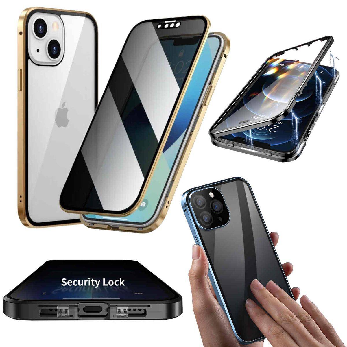 Für Apple iPhone 15 Pro Max Beidseitiger 360 Grad Magnet / Glas Privacy Mirror Case Hülle Handy Tasche Bumper Gold