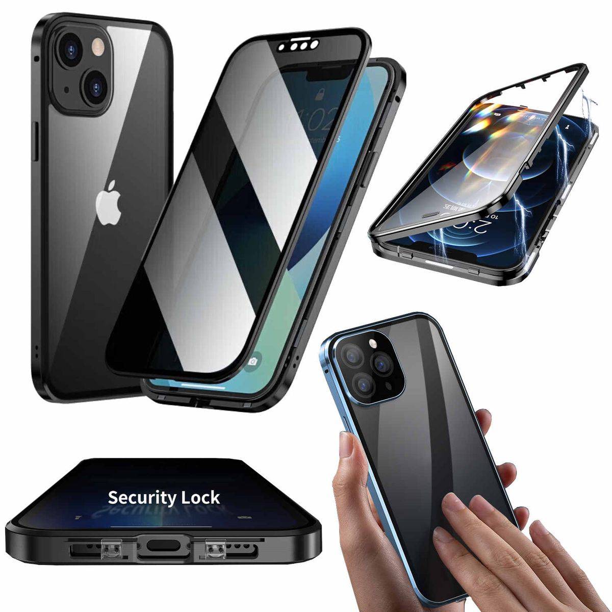 Für Apple iPhone 14 Plus Beidseitiger 360 Grad Magnet / Glas Privacy Mirror Case Hülle Handy Tasche Bumper Schwarz