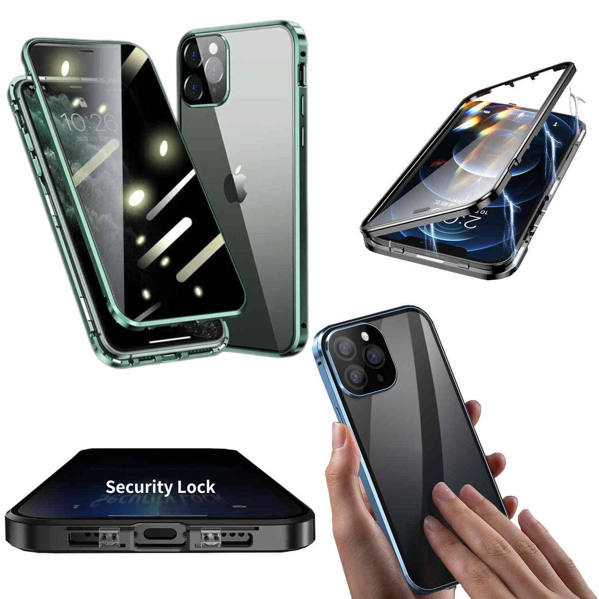 Für Apple iPhone 14 Pro Beidseitiger 360 Grad Magnet / Glas Privacy Mirror Case Hülle Handy Tasche Bumper Grün