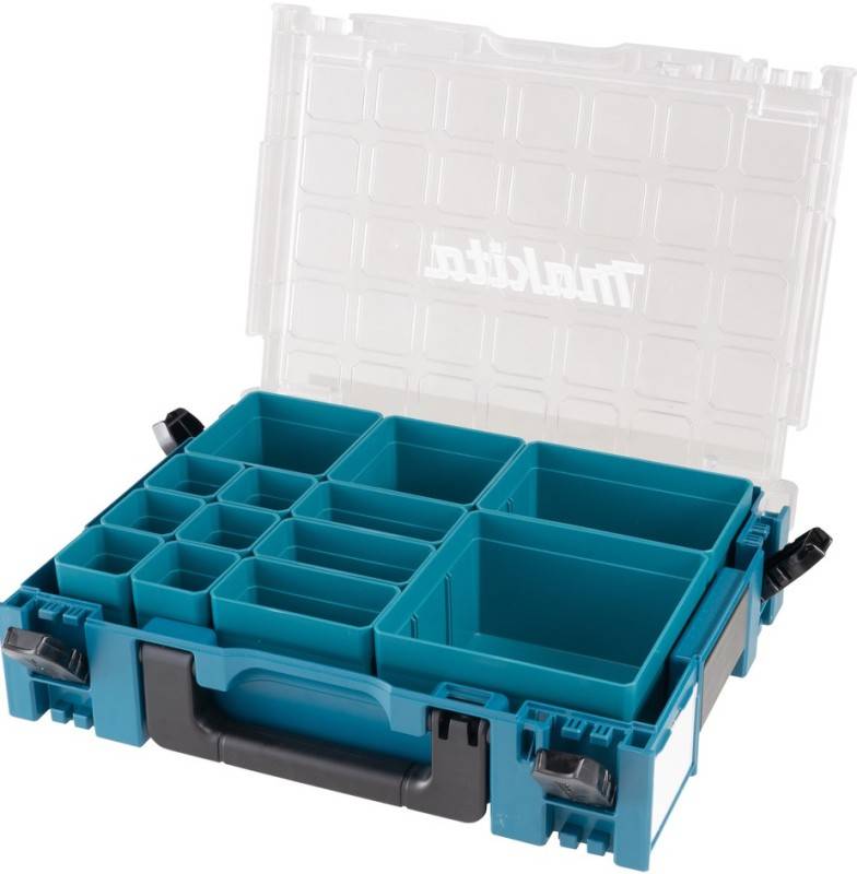 Eine blaue modulare Werkzeugbox mit verschiedenen Fächern, einige geöffnet, geeignet zum Organisieren von kleinen Werkzeugen und Kleinteilen, mit einem transparenten Deckel.