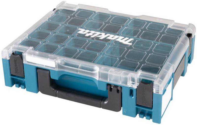 Eine blaue und transparente Kunststoff-Werkzeugbox mit einem schwarzen Griff, mit einem geprägten Logo auf dem Deckel.