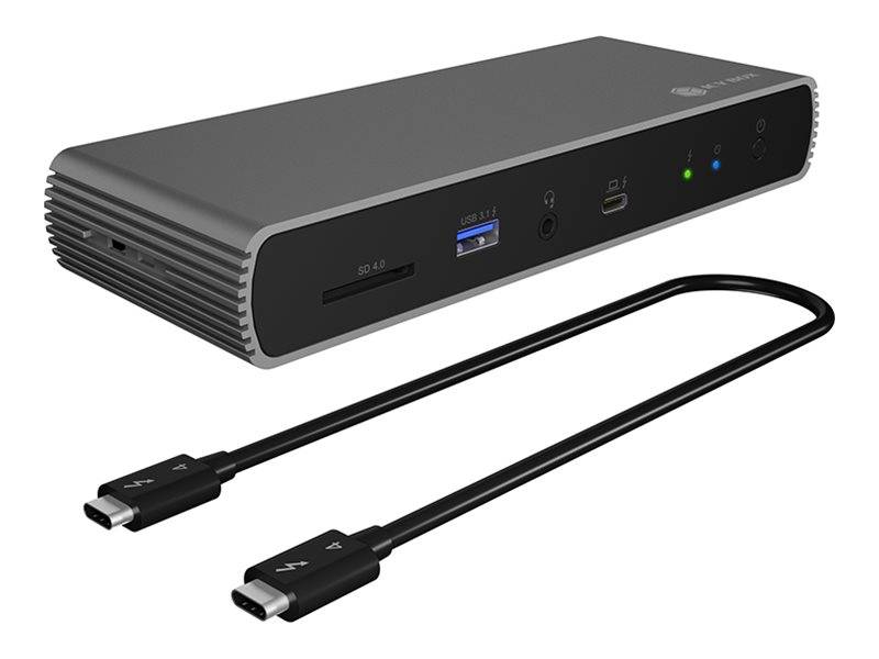 Tragbare Dockingstation mit HDMI-, USB-, Audio- und USB-C-Anschlüssen, zusammen mit einem USB-C-Kabel dargestellt.