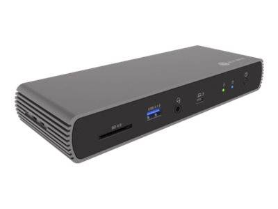 Kompakter grauer Desktop-Computer oder Media-Player mit USB-Anschluss an der Vorderseite, Kartenschacht und Audio-Buchsen auf weißem Hintergrund