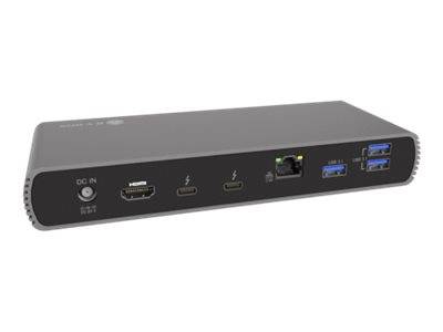 Kompakte graue Dockingstation mit DC-Eingang, HDMI, zwei USB-C-Anschlüssen und einem Netzwerkanschluss auf der Frontplatte.