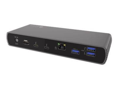 Kleine schwarze Dockingstation mit rückwärtigen Anschlüssen: Stromversorgung, USB-C, Ethernet und duale USB-A.