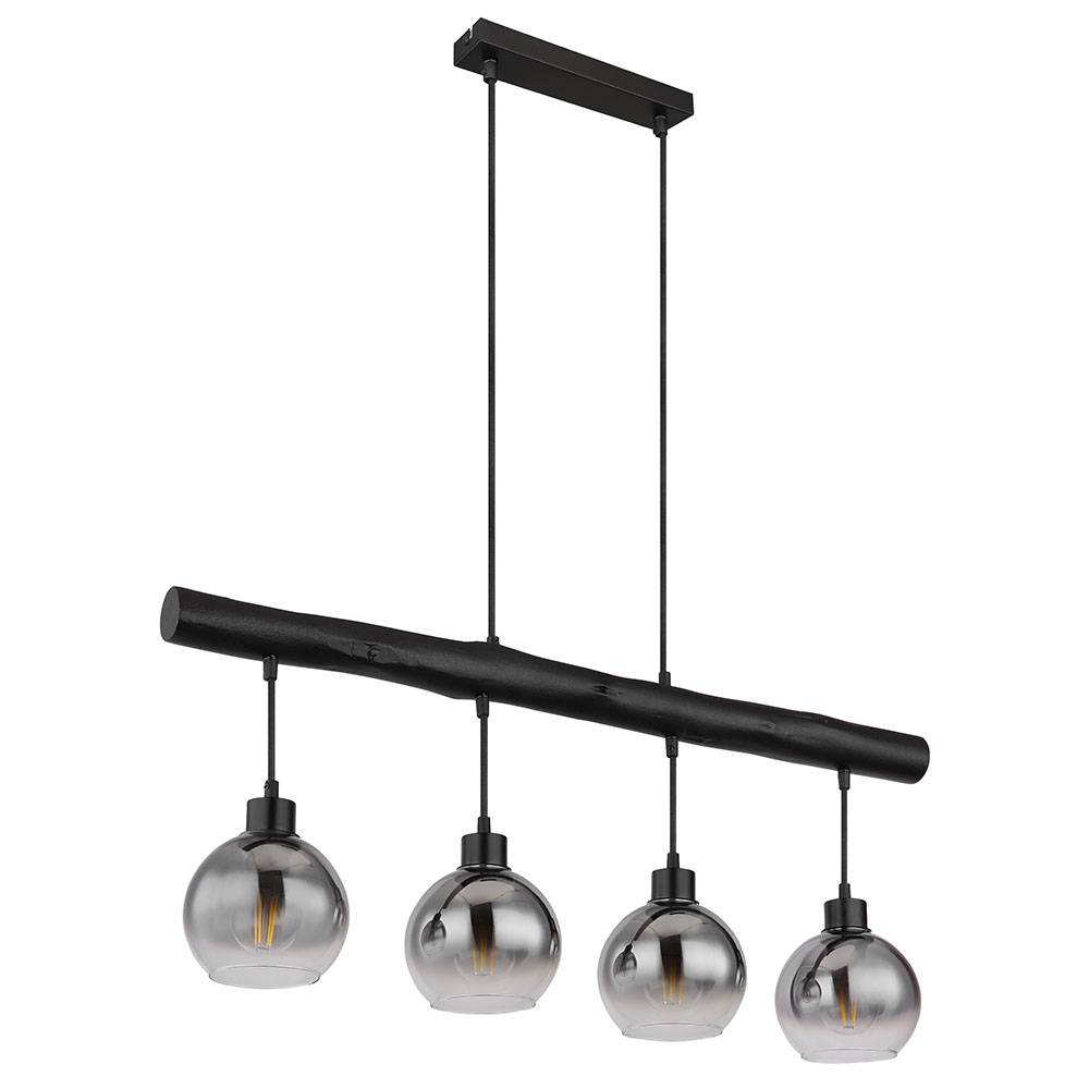Hängelampe Holzbalken Hängeleuchte Retro Holz Esszimmerlampe Pendelleuchte 4 flammig, schwarz, Glas rauch, 4x E27, LxBxH 85x15x120 cm