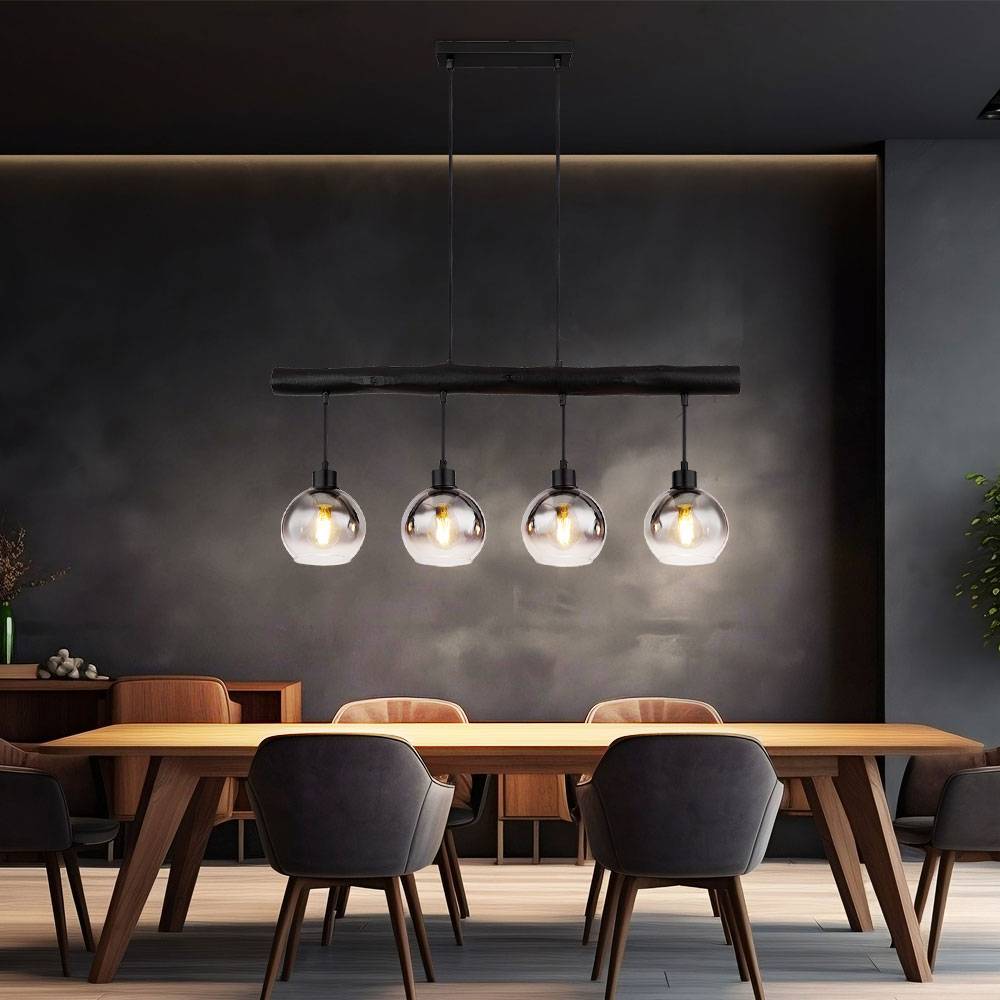 Hängeleuchte Holzbalken Hängelampe Retro Holz Esszimmerlampe Pendelleuchte 4 flammig, schwarz, Glas rauch, 4x E27, LxBxH 85x15x120 cm