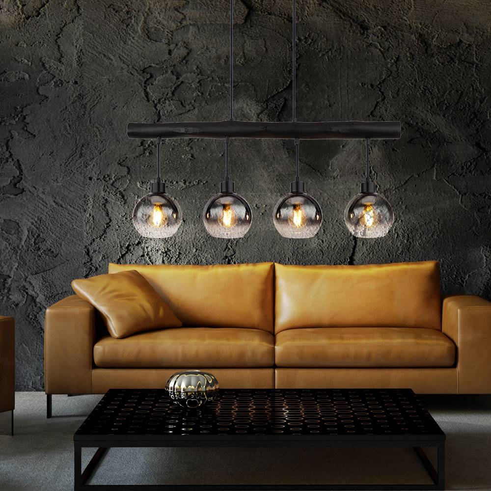 Hängeleuchte Holzbalken Hängelampe Retro Holz Esszimmerlampe Pendelleuchte 4 flammig, schwarz, Glas rauch, 4x E27, LxBxH 85x15x120 cm