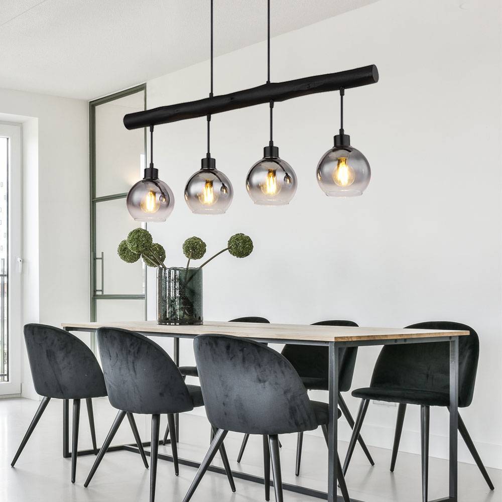 Hängelampe Holzbalken Hängeleuchte Retro Holz Esszimmerlampe Pendelleuchte 4 flammig, schwarz, Glas rauch, 4x E27, LxBxH 85x15x120 cm