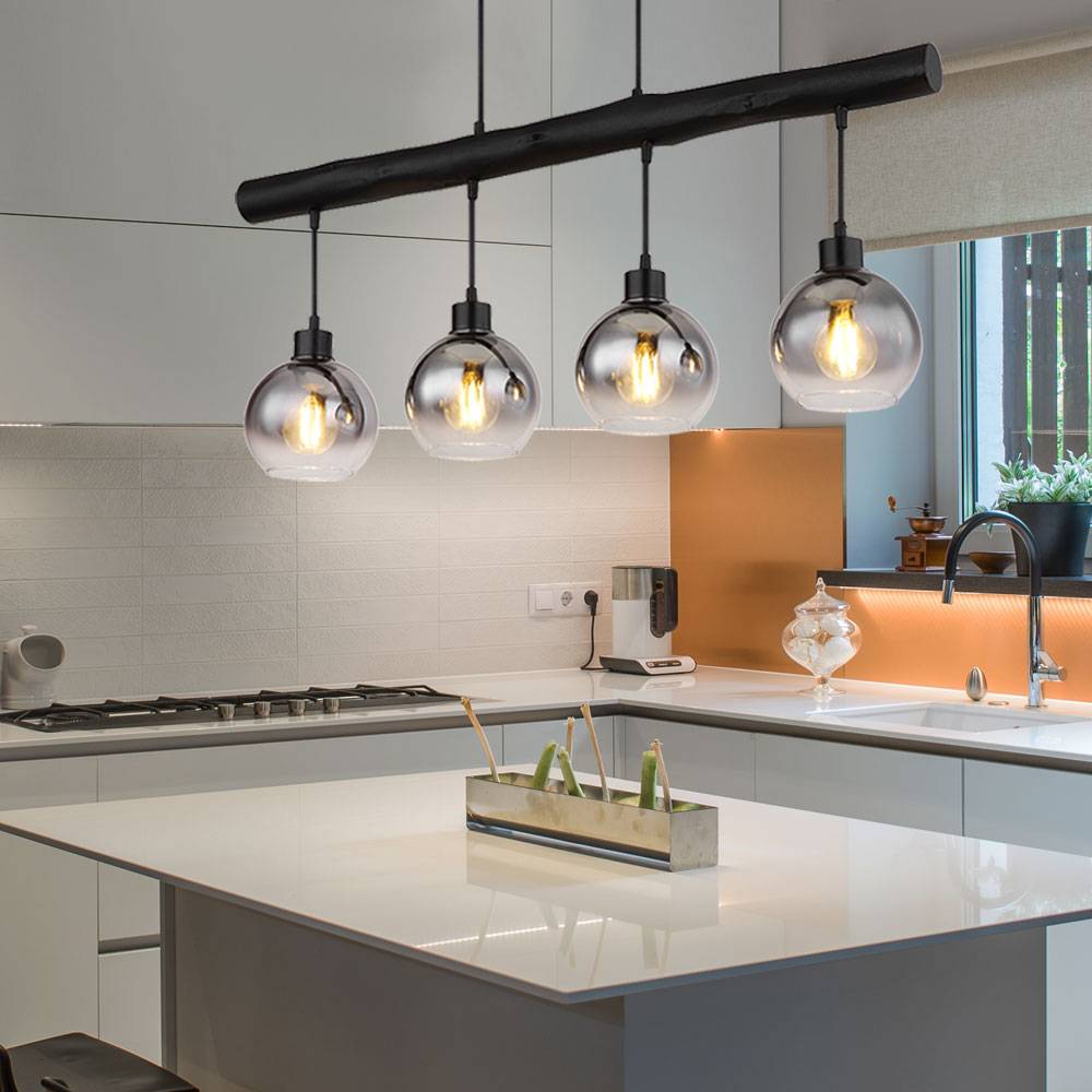 Hängelampe Holzbalken Hängeleuchte Retro Holz Esszimmerlampe Pendelleuchte 4 flammig, schwarz, Glas rauch, 4x E27, LxBxH 85x15x120 cm