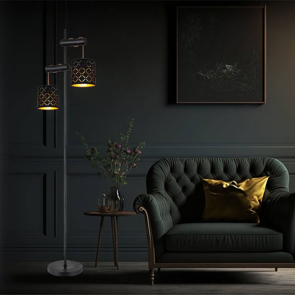 Stehleuchte Standlampe Wohnzimmerleuchte 2-flammig Höhe verstellbar, Textil, schwarz golden, 2x E27, LxBxH 41x23x150 cm