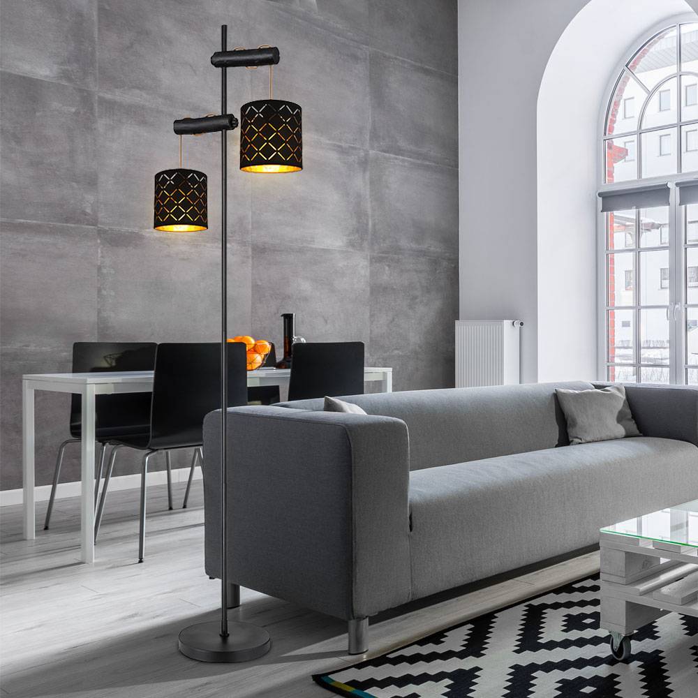 Stehleuchte Standlampe Wohnzimmerleuchte 2-flammig Höhe verstellbar, Textil, schwarz golden, 2x E27, LxBxH 41x23x150 cm