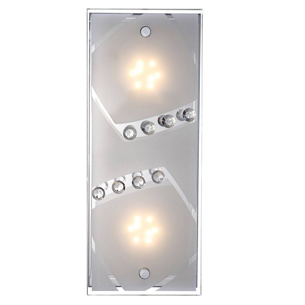 Wandleuchte Wandlampe Glasplatte Schlafzimmer 2 flammig satiniert mit Dekorkristallen, Metall Chrom, 2x LED 4W 320Lm 3000K, LxBxH 30x12x9 cm
