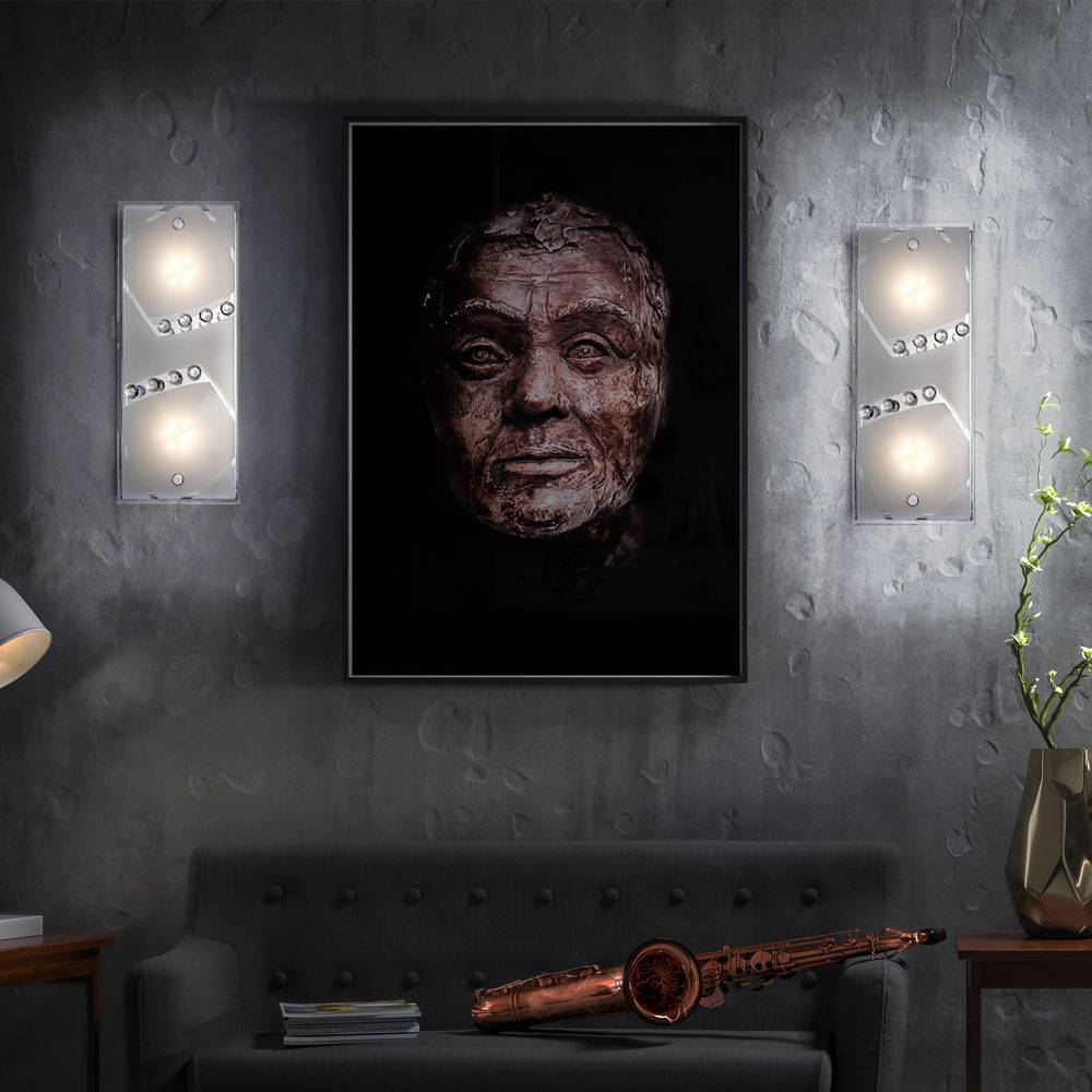 Wandleuchte Wandlampe Glasplatte Schlafzimmer 2 flammig satiniert mit Dekorkristallen, Metall Chrom, 2x LED 4W 320Lm 3000K, LxBxH 30x12x9 cm