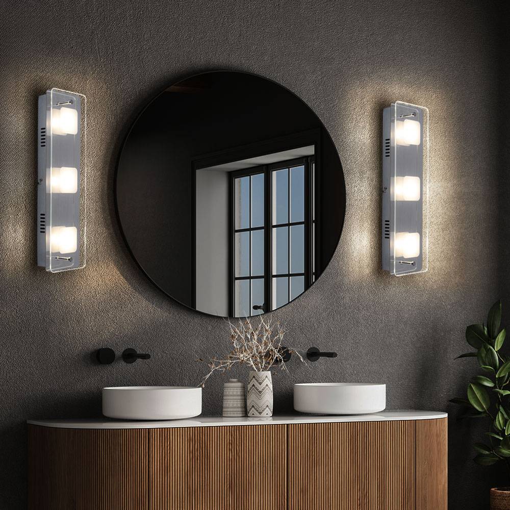 LED Wandleuchte Treppenhauslampe Flurleuchte Wandlampe 3 flammig Schlafzimmerlampe Wohnzimmerleuchte, Glas Chrom, 3x 5W, 3x 400lm warmweiß, BxH