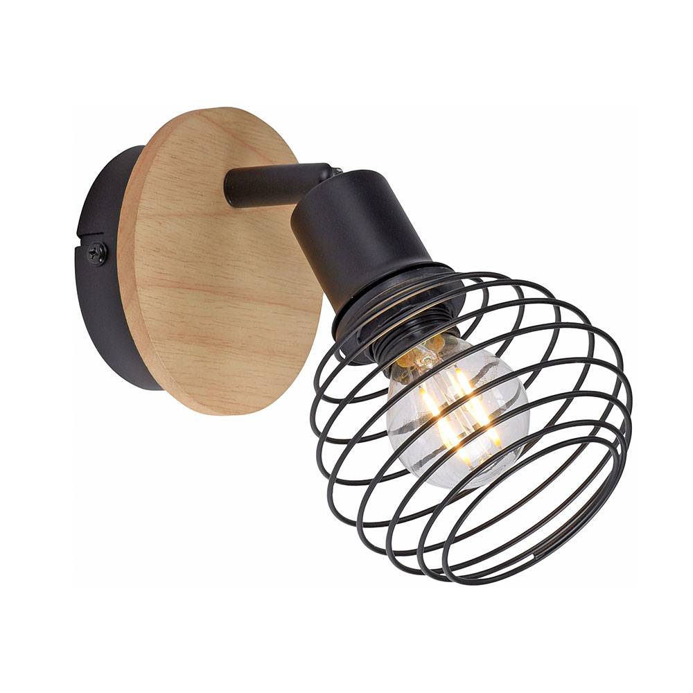 Wandleuchte Retro Wandlampe Holzleuchte Spot Wohnzimmerlampe mit beweglichem Spot, Metall schwarz naturfarben, 1x E14 Fassung, DxH 11,7x21 cm