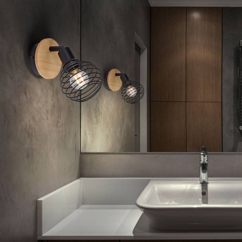 Wandleuchte Retro Wandlampe Holzleuchte Spot Wohnzimmerlampe mit beweglichem Spot, Metall schwarz naturfarben, 1x E14 Fassung, DxH 11,7x21 cm