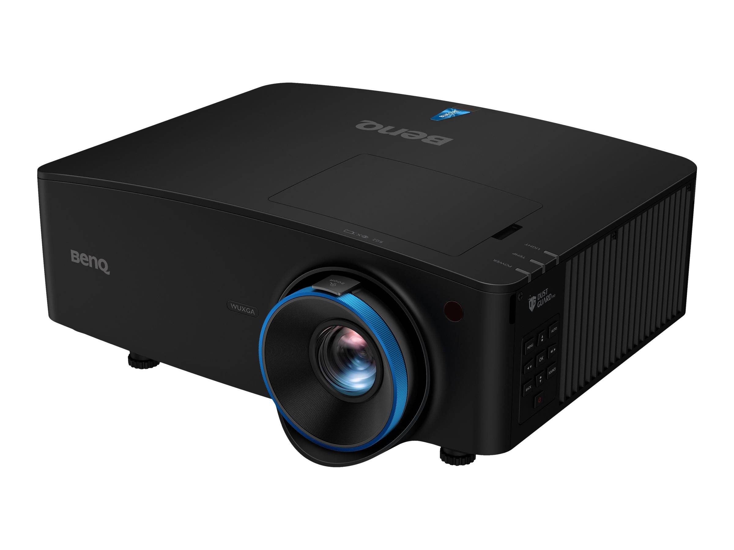 Schwarzer BenQ-Projektor mit blauem Linsenring, dargestellt in einer Dreiviertelvorderansicht.