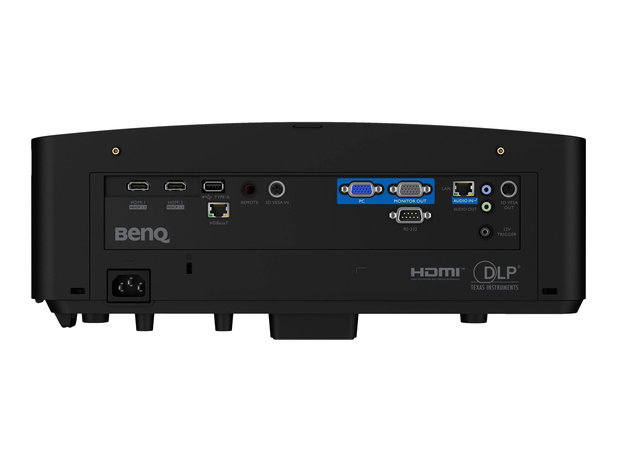 Rückansicht eines BenQ-Projektors mit Eingabeanschlüssen, darunter HDMI, VGA, USB, Audio- und Stromverbindungen.