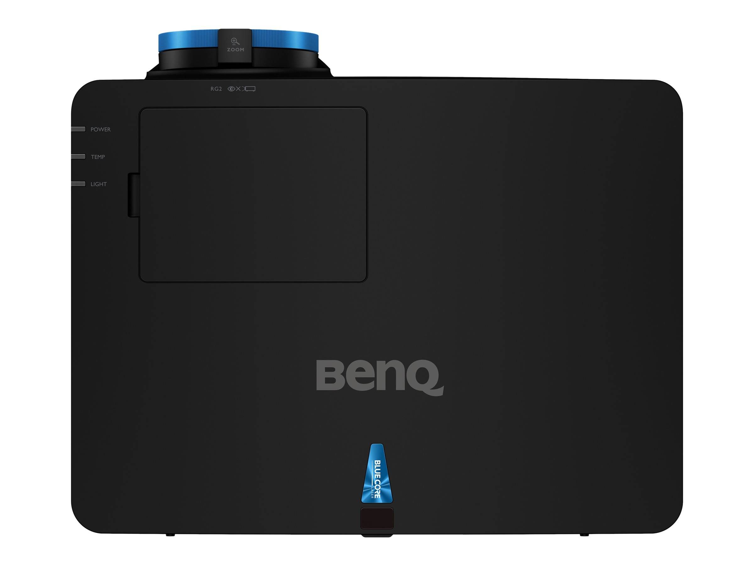 Schwarzer BenQ-Projektor von oben betrachtet, mit Objektiv oben und Bedienfeld auf der linken Seite.