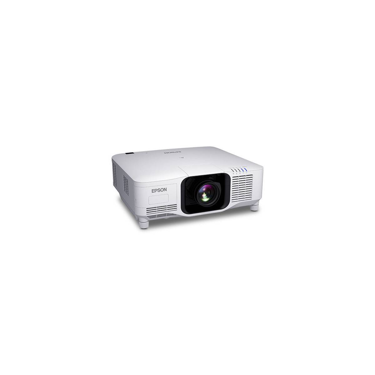 Ein weißer Epson-Projektor mit prominenter Linse und Belüftungsgittern, geeignet für professionelle Präsentationen oder Heimkinos.