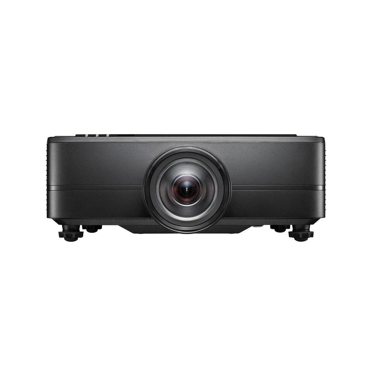 Ein schwarzer Projektor mit einer zentralen Linse wird von vorne gezeigt, positioniert vor einem weißen Hintergrund.