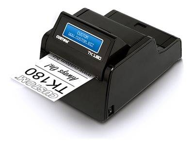 Ein Drucker mit schwarzem Etikett mit der Bezeichnung „CUSTOM TK180