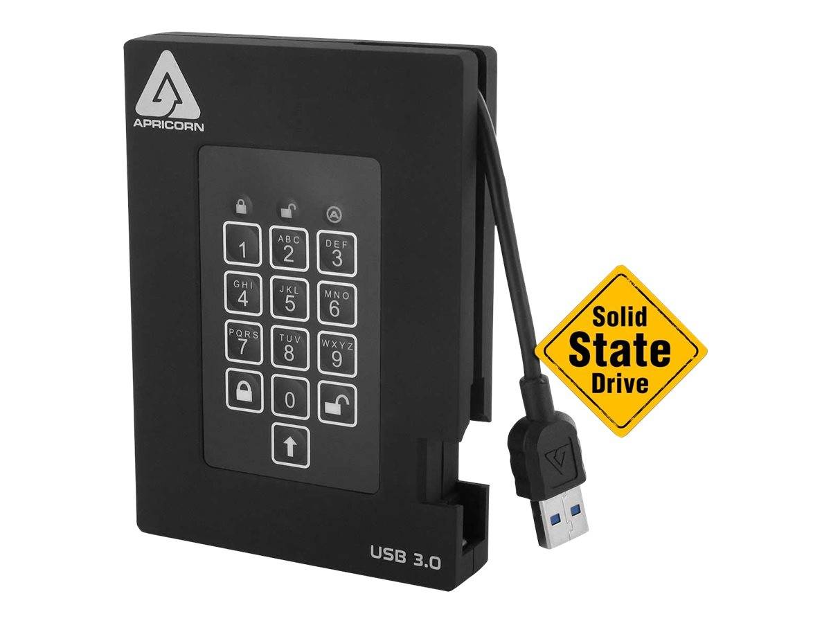 Schwarzer Apricorn USB 3.0 Solid-State-Laufwerk mit Tastatursperre, dargestellt mit angeschlossenem USB-Kabel und „Solid State Drive
