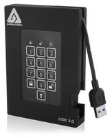 Schwarzes USB 3.0 externes Laufwerksgehäuse mit numerischer Tastenfeld-Verriegelung und angeschlossenem USB-Kabel.