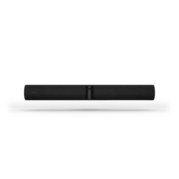 Schwarze Soundbar-Lautsprecher, mittig auf weißem Hintergrund positioniert, Vorderansicht mit kleinem zentralem Sensor oder Mount.