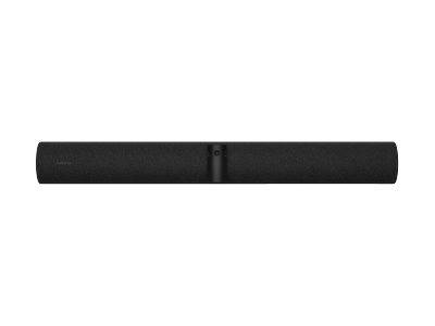 Ein schwarzer zylindrischer Soundbar-Lautsprecher, horizontal auf weißem Hintergrund dargestellt.