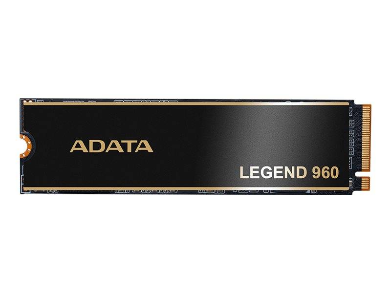 ADATA LEGEND 960 M.2 Solid-State-Drive auf weißem Hintergrund, das schwarze und goldene Etikett sowie die vergoldete Steckerleiste zeigend.