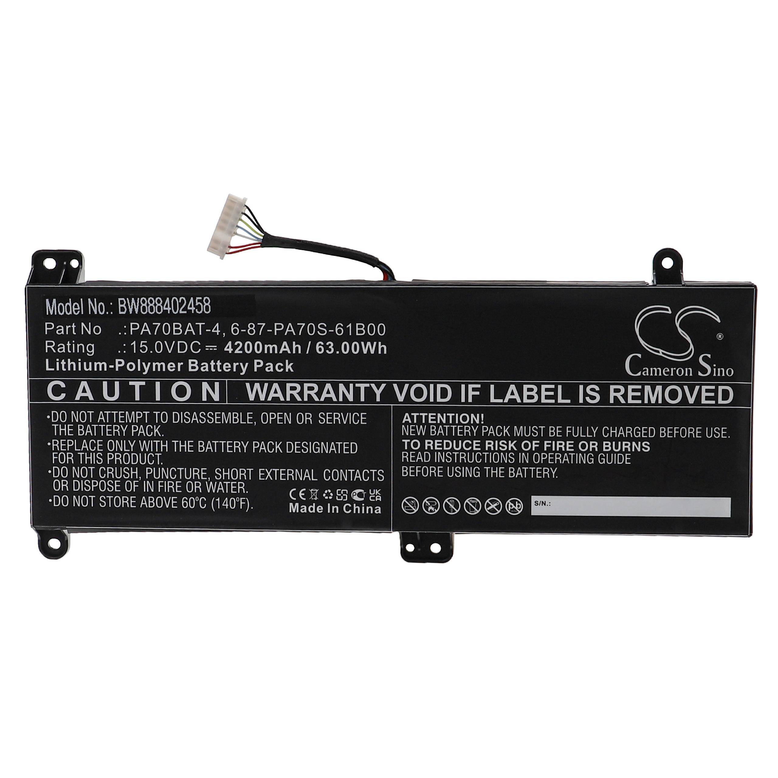 vhbw Akku Ersatz für Schenker PA70BAT-4, 6-87-PA70S-61B00 für Notebook (4200 mAh, 15 V, Li-Polymer)
