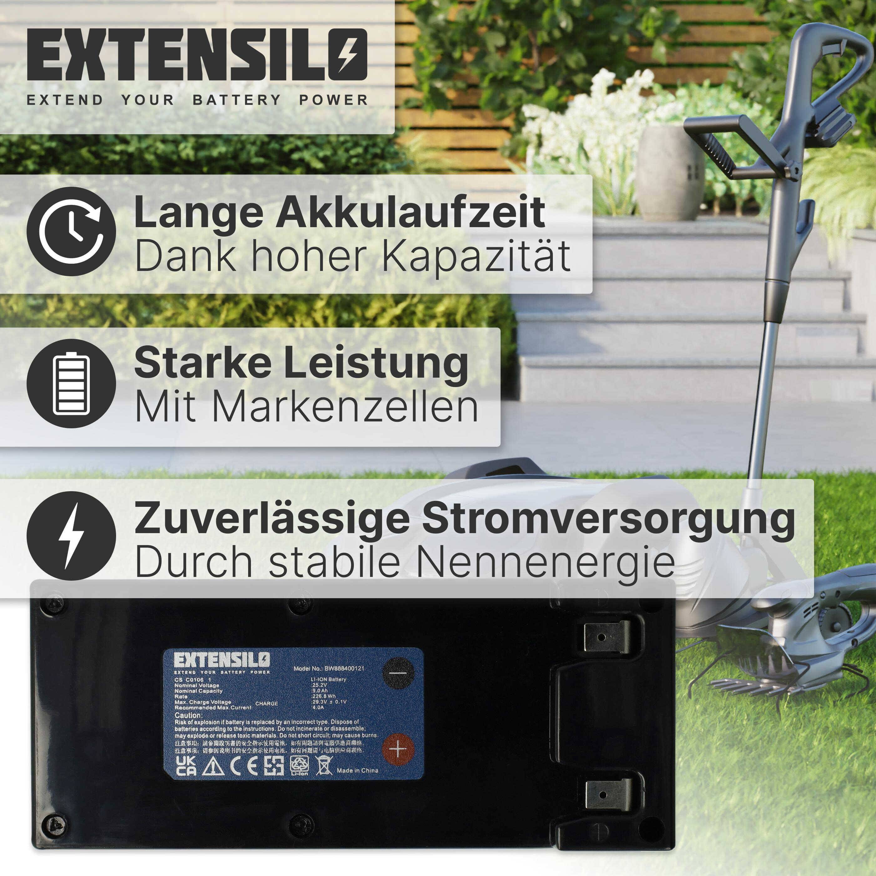 EXTENSILO Akku kompatibel mit Lawnbott Lb3210 Evolution Ka, Lb3210, Lb3250, Lb2150, Lb3510 Ka, Lb3510, Lb75 Rasenmäher (9000mAh, 25,2V, Li-Ion)